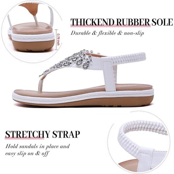 ulogu Women's White Rhinestone Thong Sandals – Size‎ 10 Boho Flat Flip-Flops - Picture 6 of 7